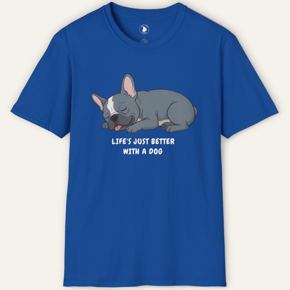 Blue t-shirt with a cartoon dog and text on a white background